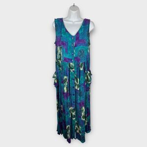Vintage Bila Rayon Blue Purple Maxi Tank Dress Colorful Button Front Boho Small